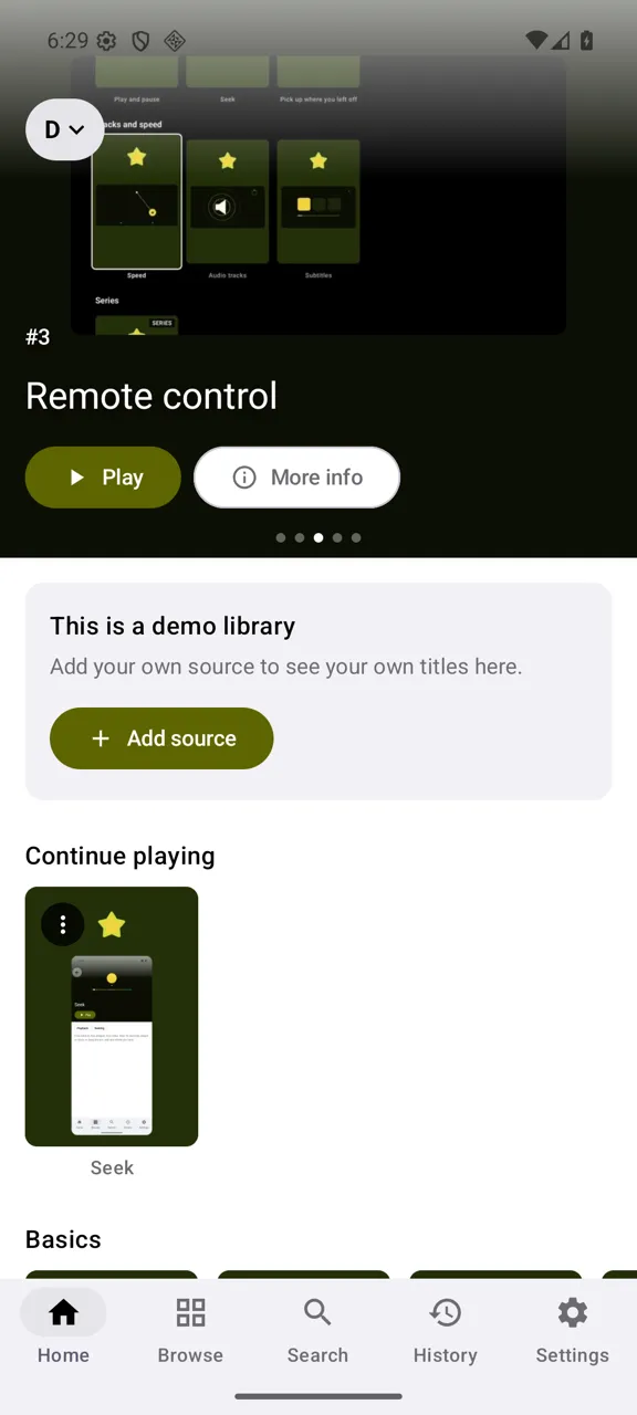 Yonto Player on a phone, on the built-in demo library