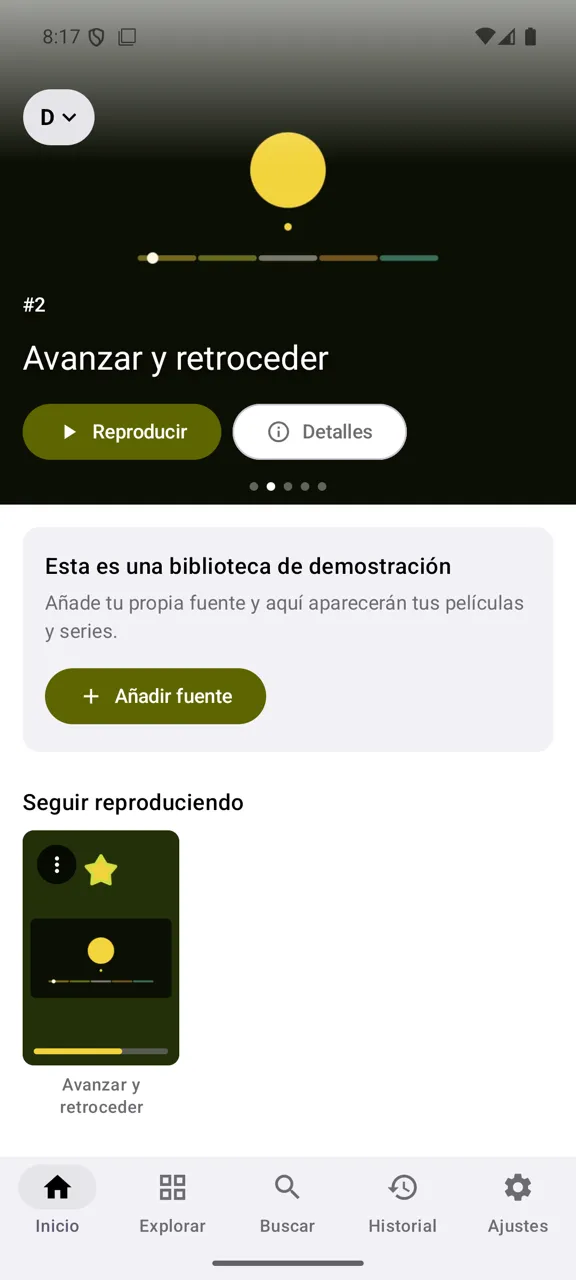 Yonto Player en un teléfono, con la biblioteca de demostración integrada