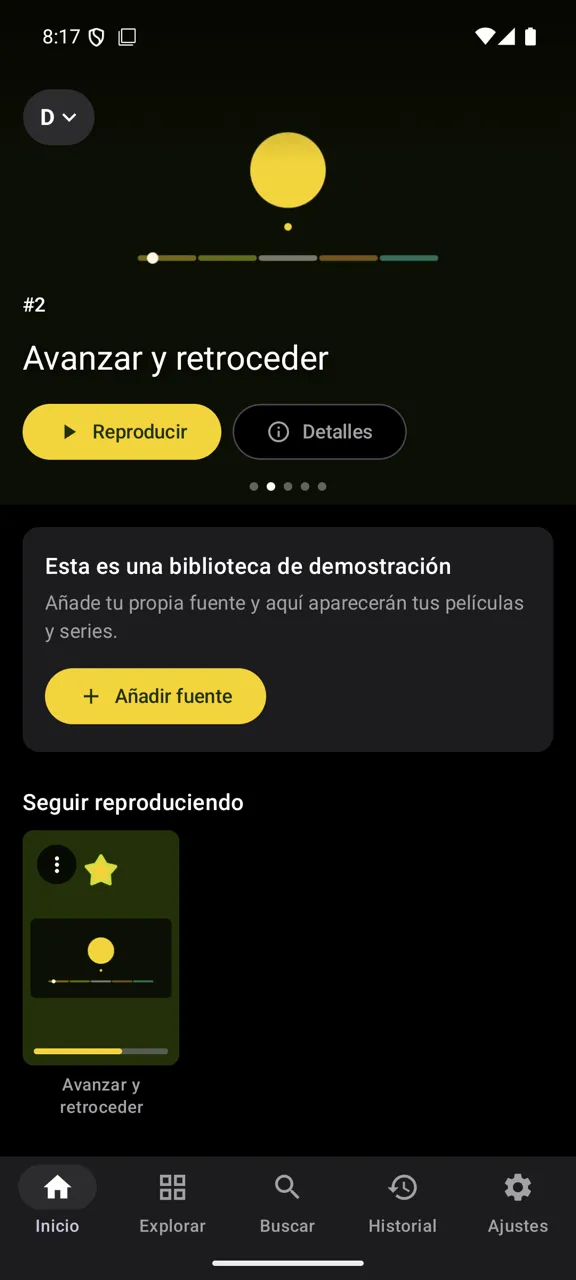 Yonto Player en un teléfono, con la biblioteca de demostración integrada