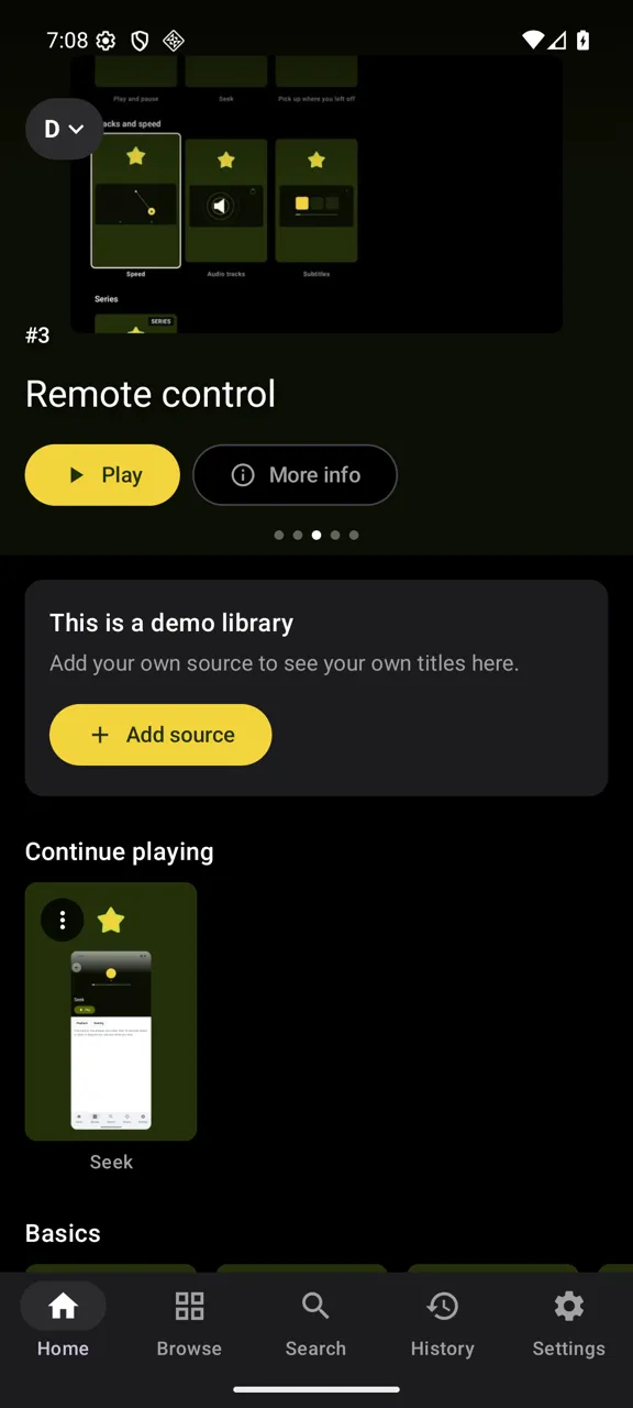 Yonto Player on a phone, on the built-in demo library